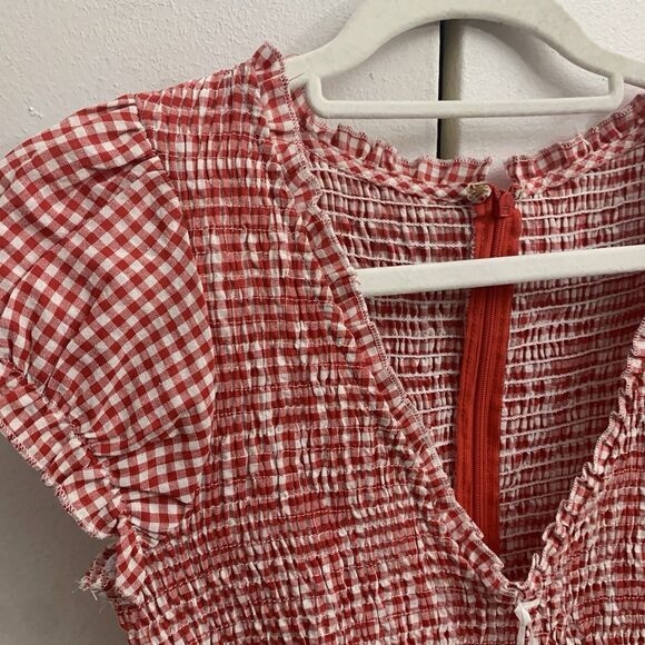 Women's Gingham Rompers, V-Neck, Wide Leg, Puff Sleeve, M - Picture 5 of 7